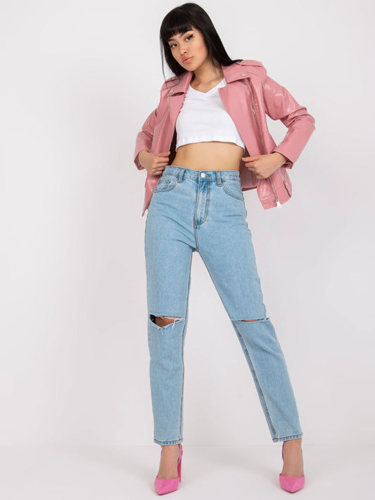 Jasnoniebieskie damskie spodnie jeansowe mom fit z dziurami