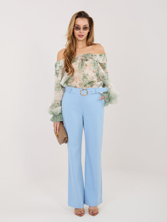 RUE PARIS Jasnoniebieskie eleganckie spodnie z paskiem