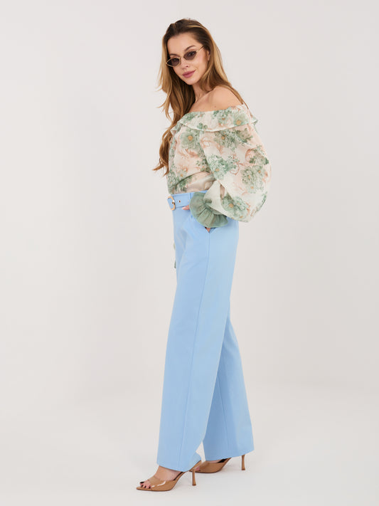 RUE PARIS Jasnoniebieskie eleganckie spodnie z paskiem