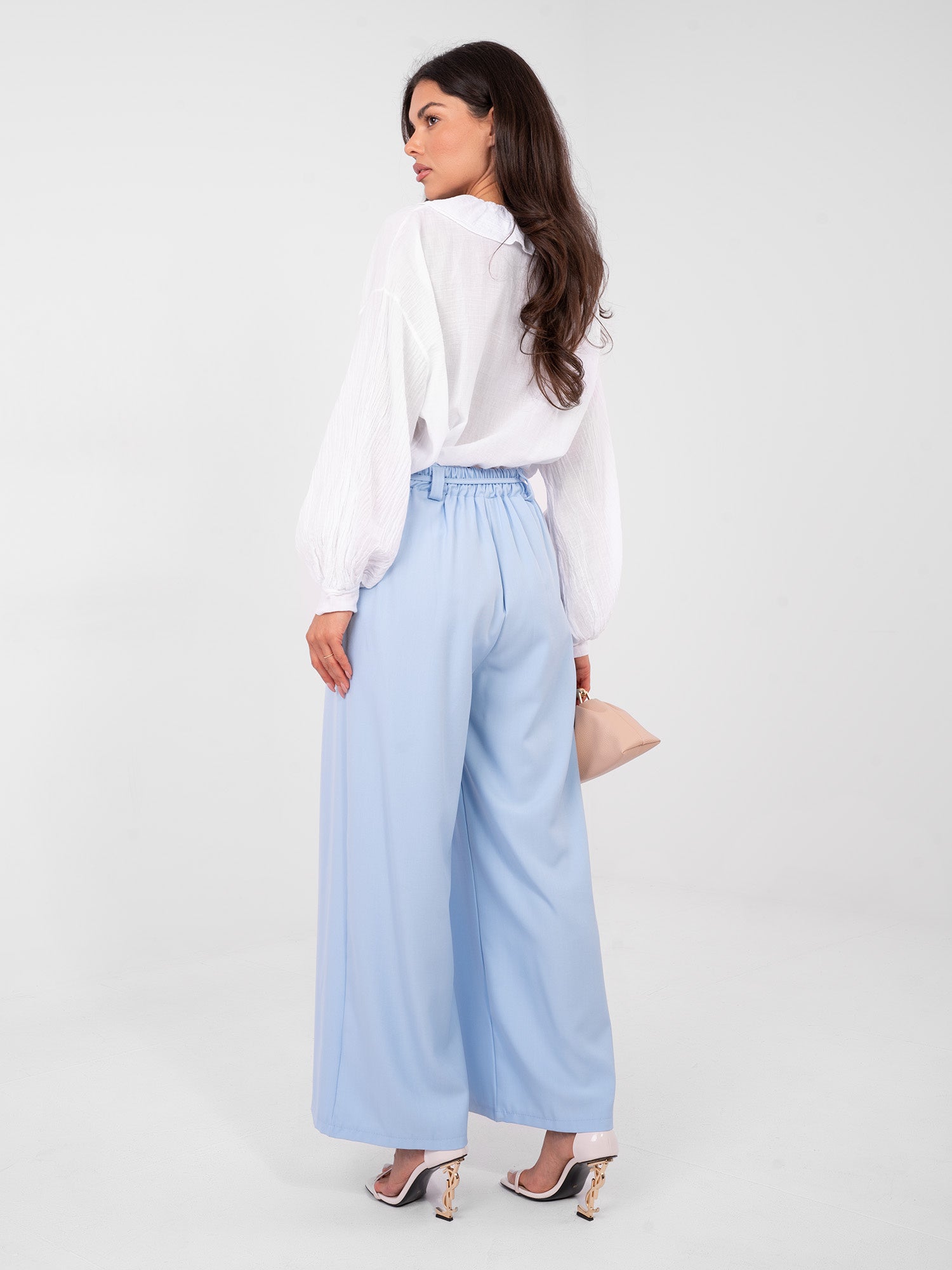 RUE PARIS Jasnoniebieskie eleganckie spodnie wide leg