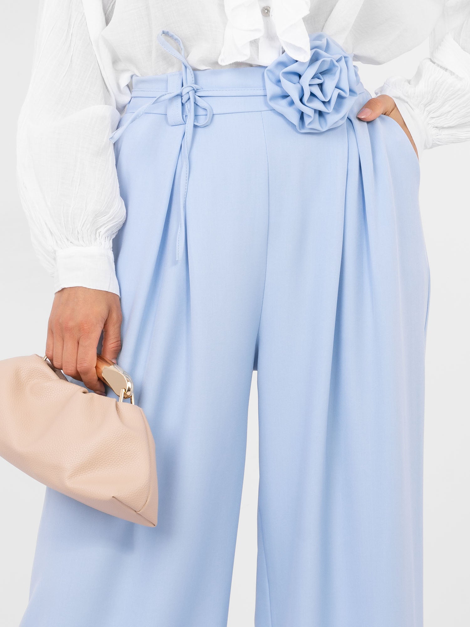 RUE PARIS Jasnoniebieskie eleganckie spodnie wide leg