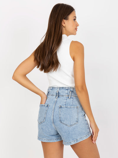 Niebieskie szorty jeansowe damskie high waist z efektem sprania