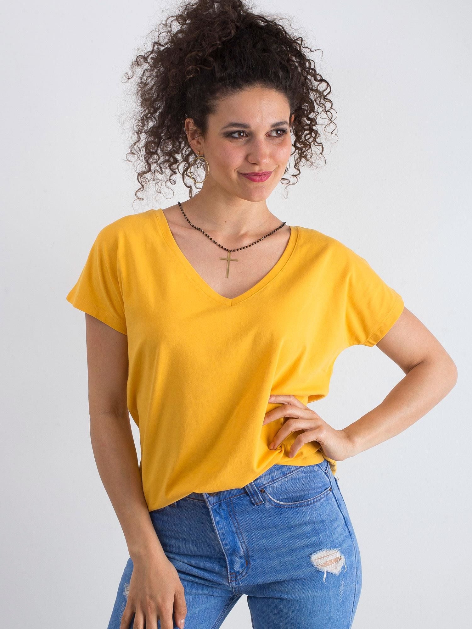 Bawełniany t-shirt V-neck jasnopomarańczowy