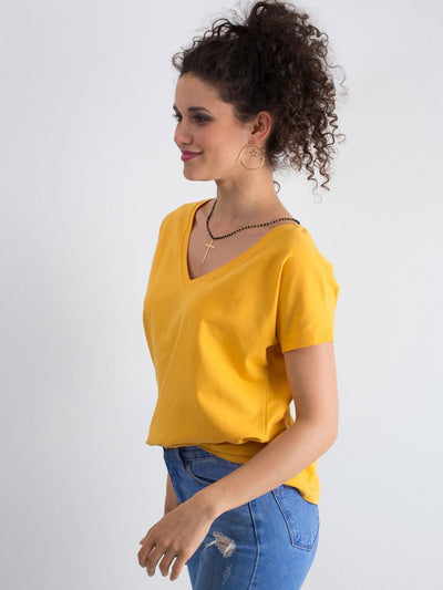 Bawełniany t-shirt V-neck jasnopomarańczowy