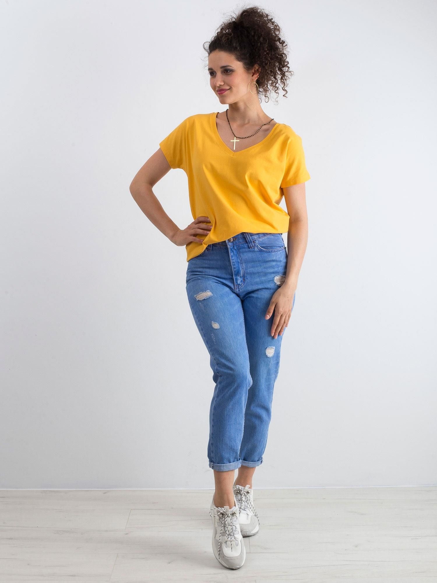 Bawełniany t-shirt V-neck jasnopomarańczowy