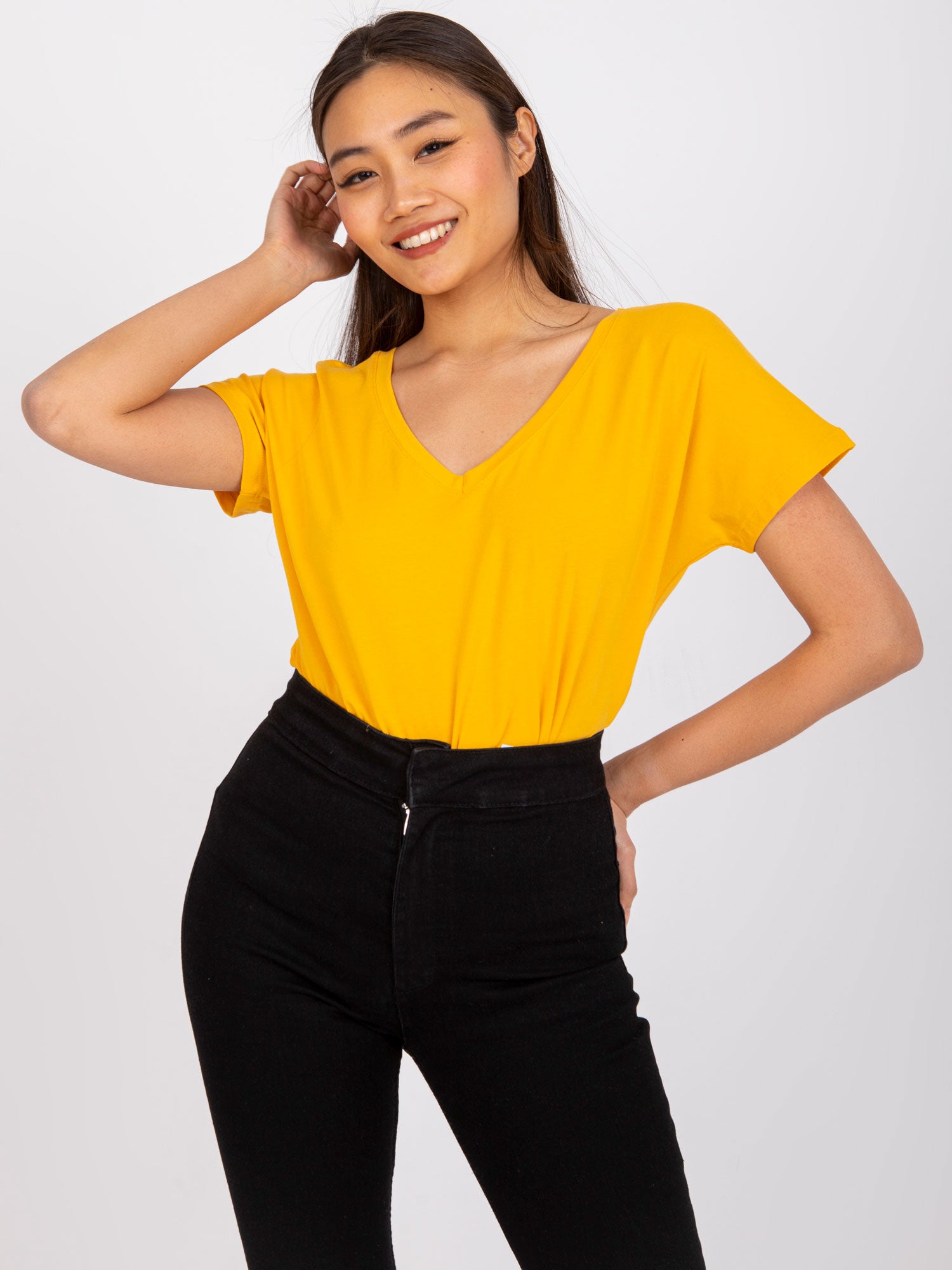 Bawełniany t-shirt V-neck jasnopomarańczowy