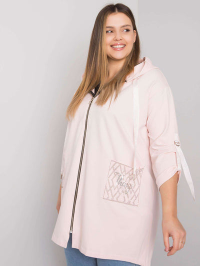 Jasnoróżowa bluza plus size z kapturem i aplikacjami