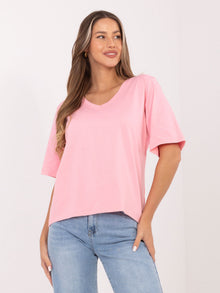 RUE PARIS Jasnoróżowy bawełniany t-shirt z dekoltem V