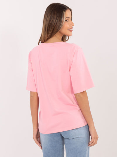 RUE PARIS Jasnoróżowy bawełniany t-shirt z dekoltem V