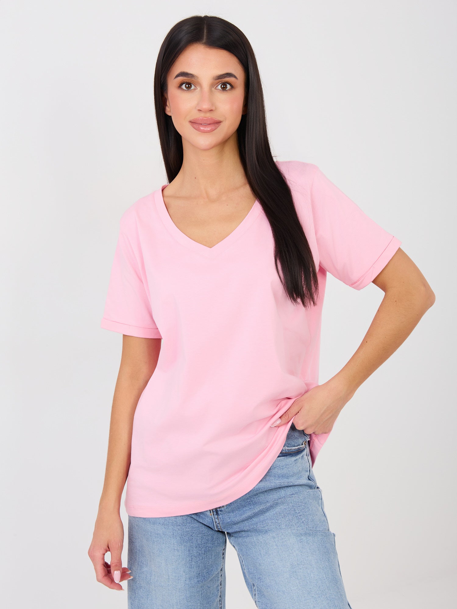 RUE PARIS Jasnoróżowy t-shirt z dekoltem w serek