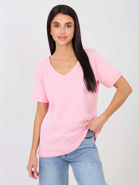 RUE PARIS Jasnoróżowy t-shirt z dekoltem w serek