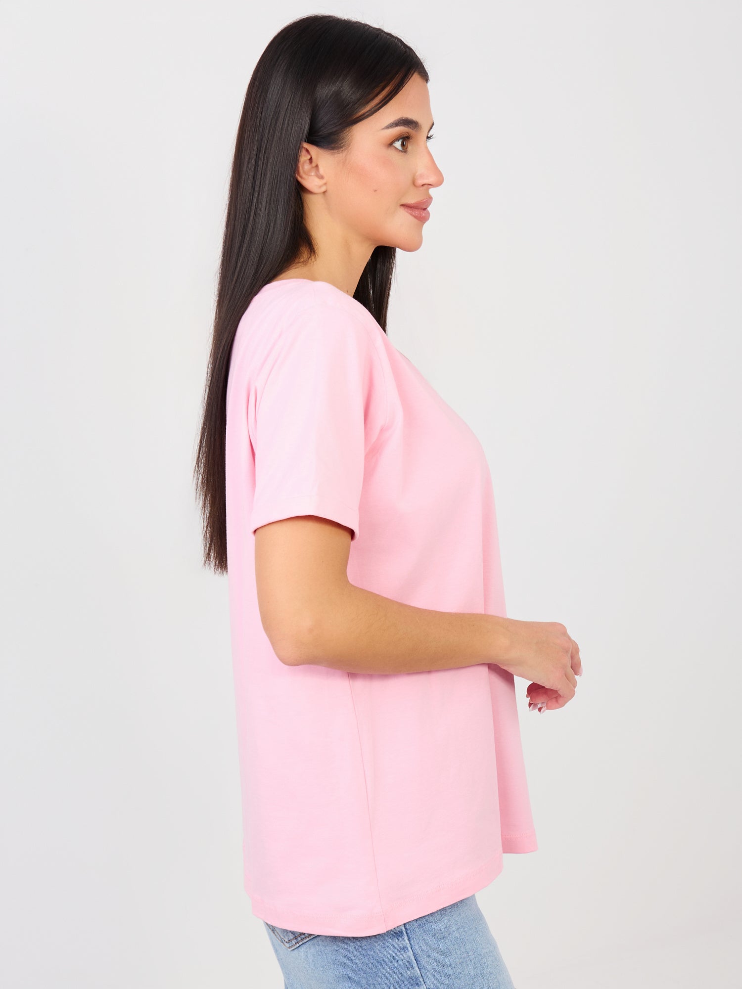 RUE PARIS Jasnoróżowy t-shirt z dekoltem w serek