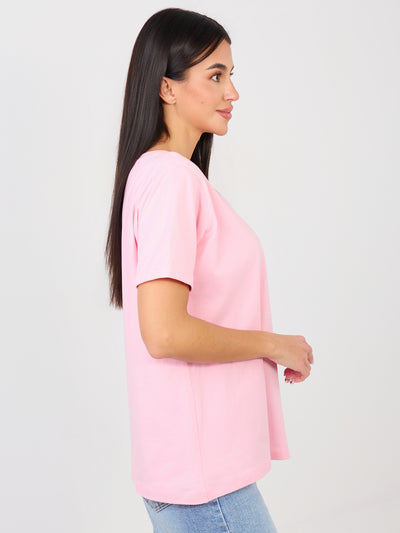 RUE PARIS Jasnoróżowy t-shirt z dekoltem w serek