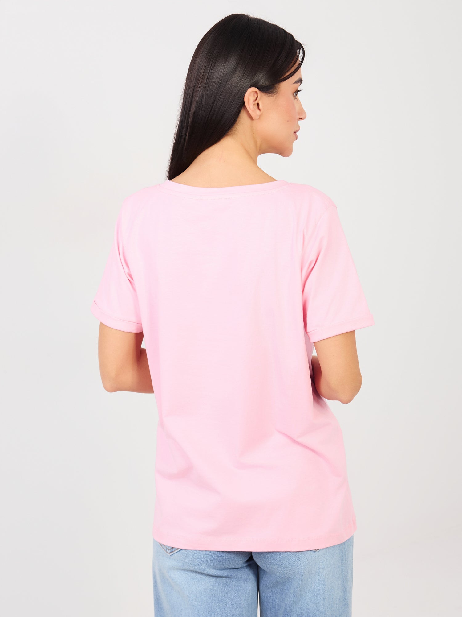RUE PARIS Jasnoróżowy t-shirt z dekoltem w serek