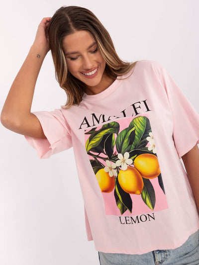 Jasnoróżowy damski t-shirt oversize z bawełny