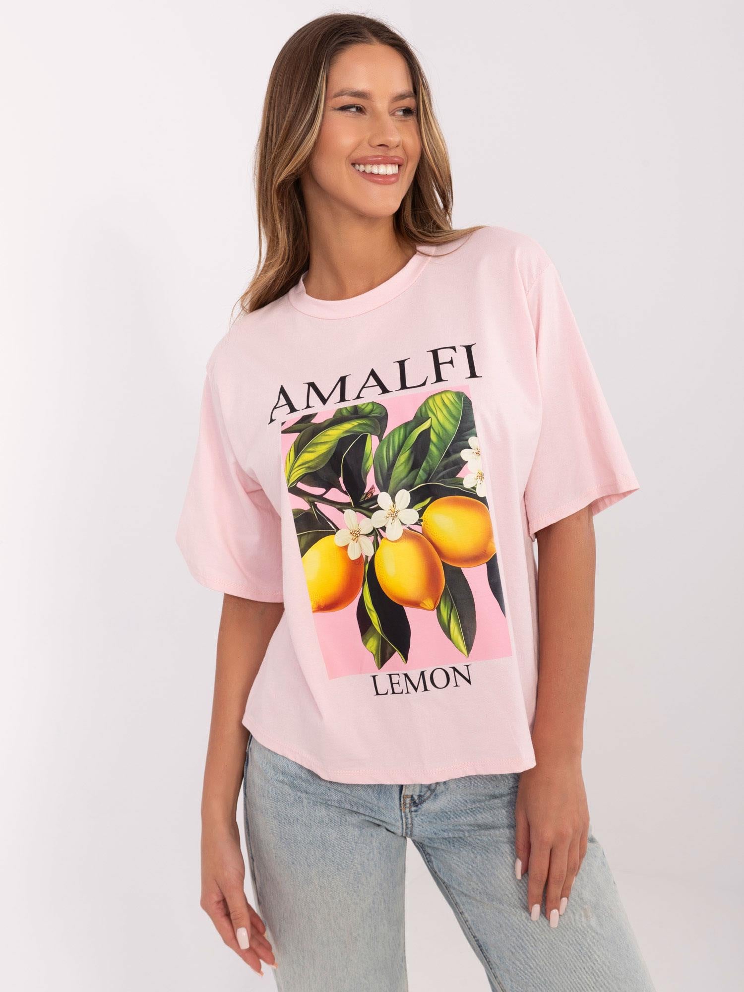Jasnoróżowy damski t-shirt oversize z bawełny