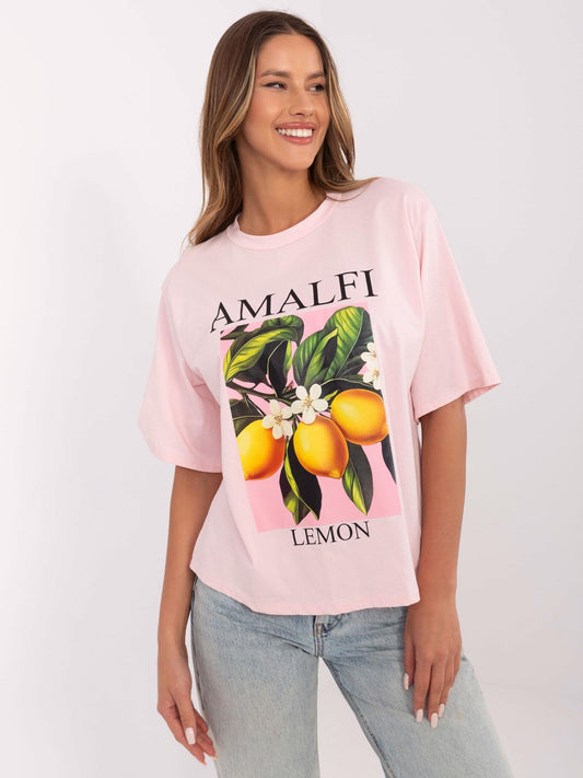 Jasnoróżowy damski t-shirt oversize z bawełny