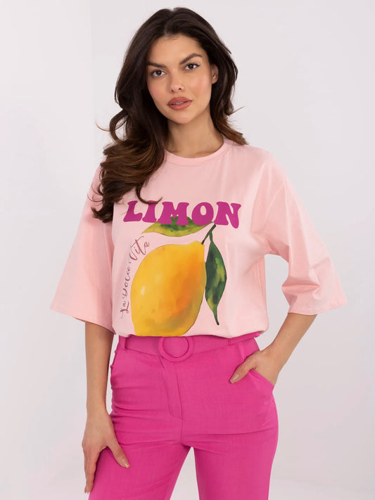 Jasnoróżowy damski t-shirt z napisem Limoncello