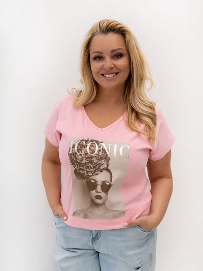 Jasnoróżowy damski t-shirt plus size z bawełny