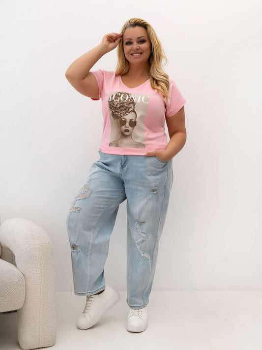 Jasnoróżowy damski t-shirt plus size z bawełny