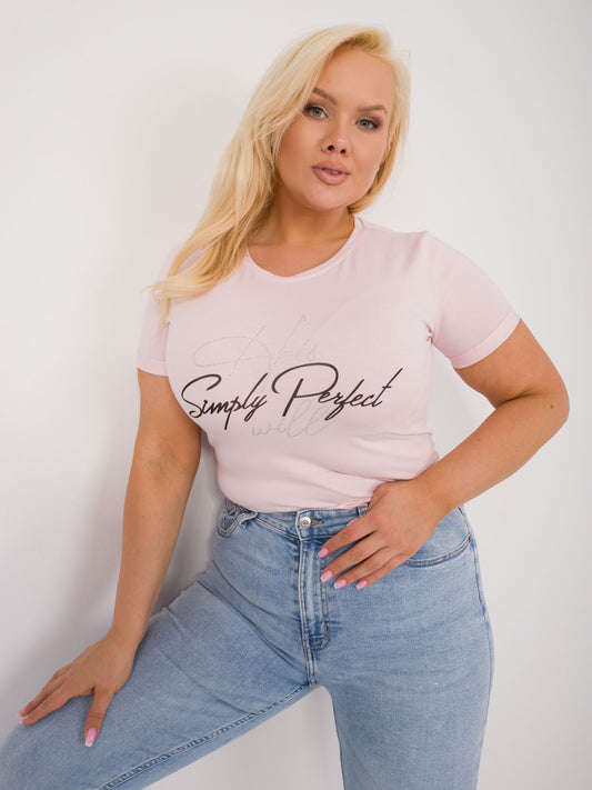 Jasnoróżowy casualowy t-shirt plus size z aplikacją