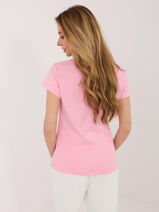 RUE PARIS Jasnoróżowy damski t-shirt basic z bawełny