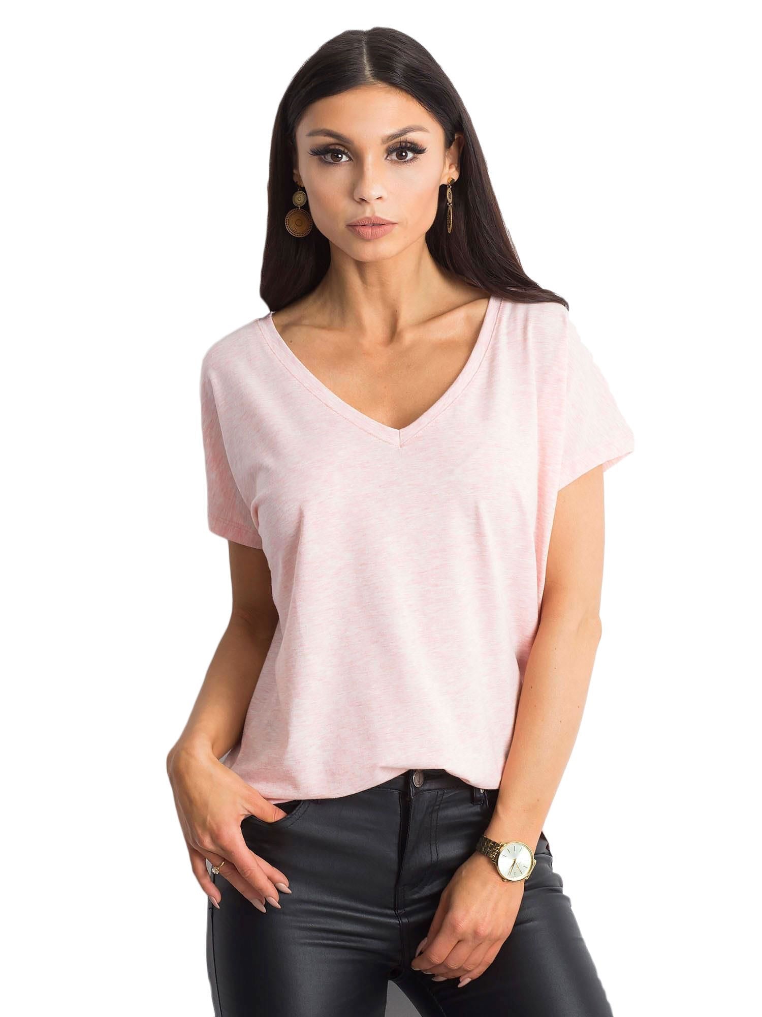 Melanżowy t-shirt V-neck jasnoróżowy