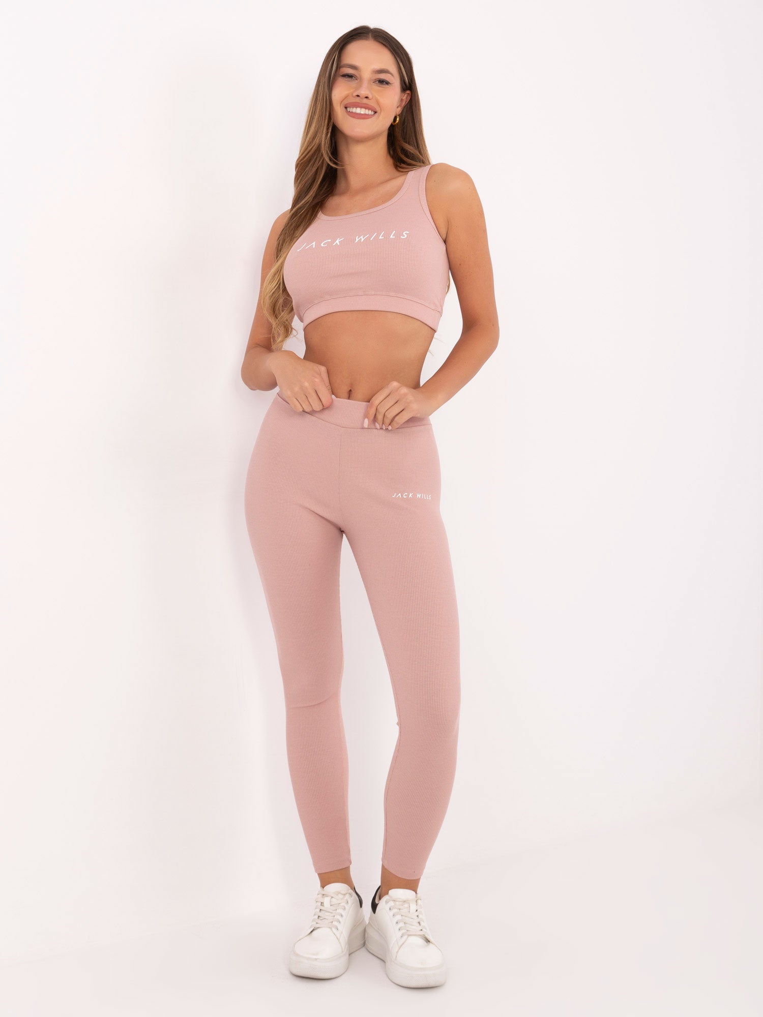FOR FITNESS Jasnoróżowy sportowy komplet w prążek
