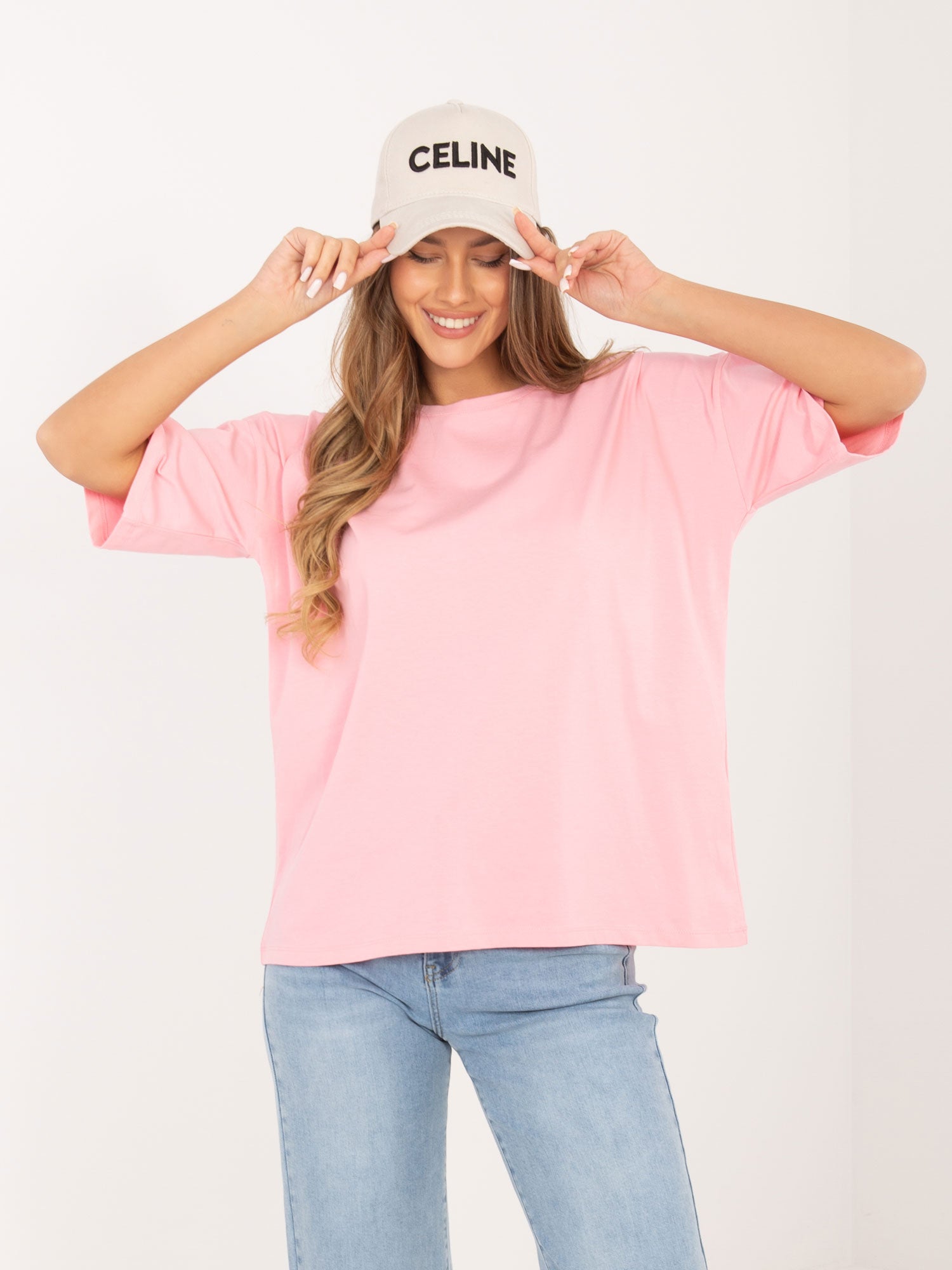 RUE PARIS Jasnoróżowy t-shirt basic z bawełny