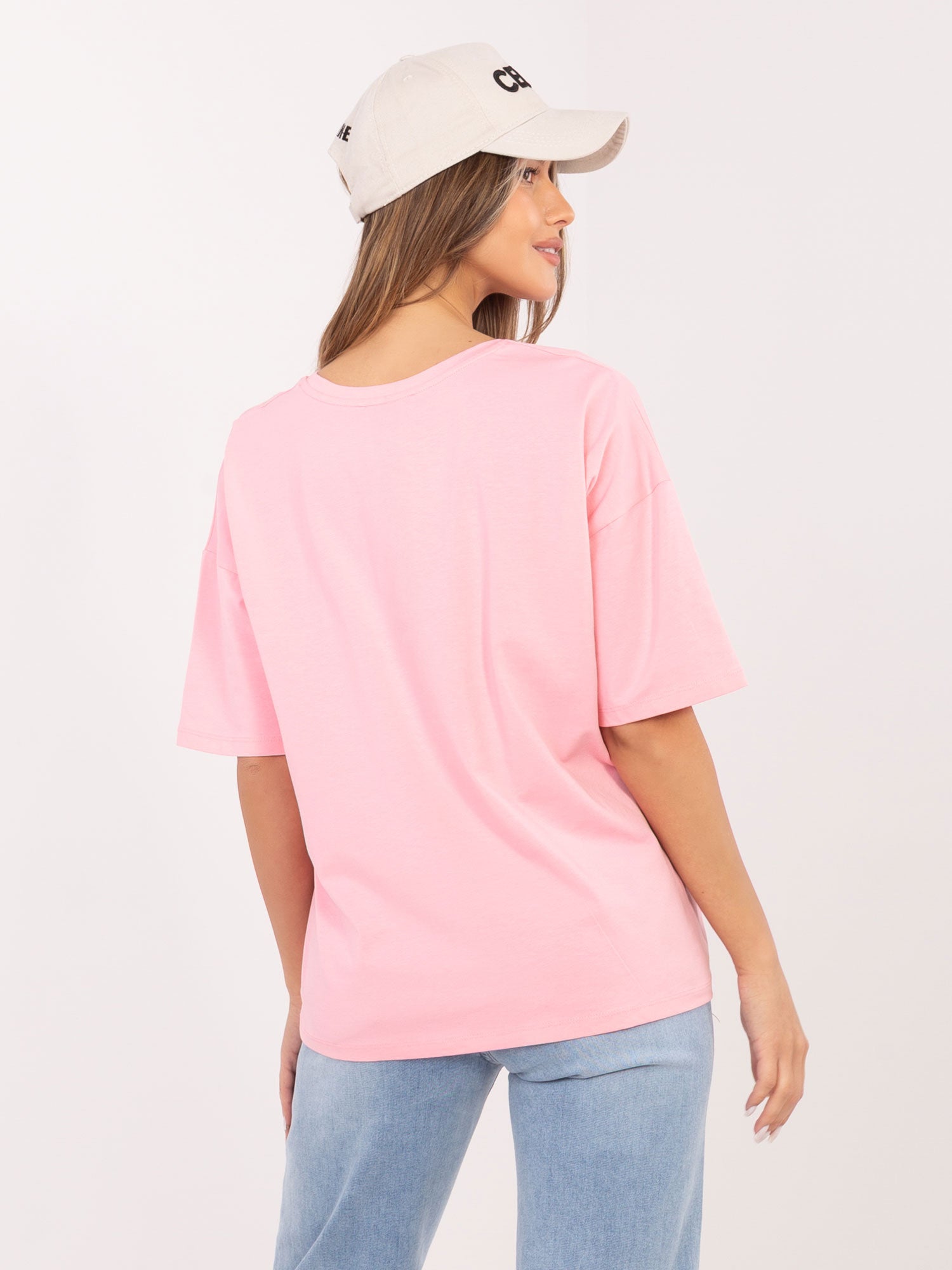 RUE PARIS Jasnoróżowy t-shirt basic z bawełny
