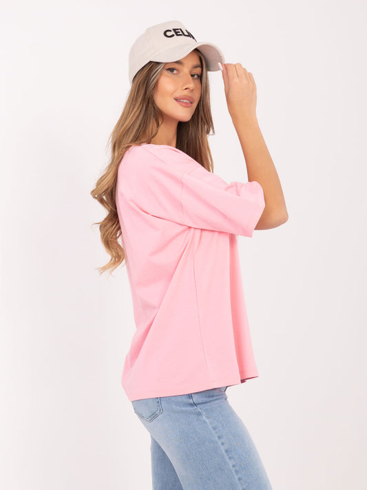 RUE PARIS Jasnoróżowy t-shirt basic z bawełny