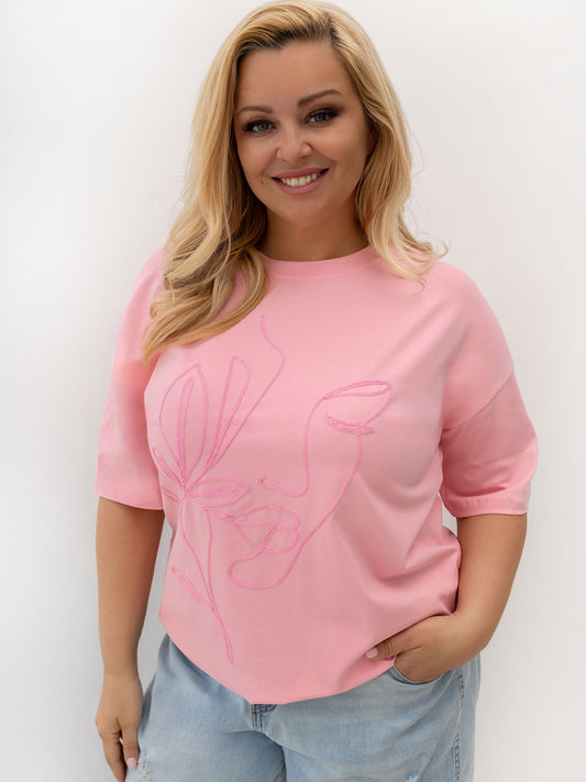 Jasnoróżowy damski t-shirt plus size z haftem
