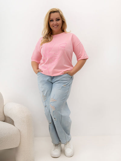 Jasnoróżowy damski t-shirt plus size z haftem