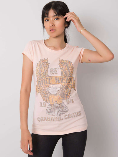 Jasnoróżowy t-shirt damski z aplikacją