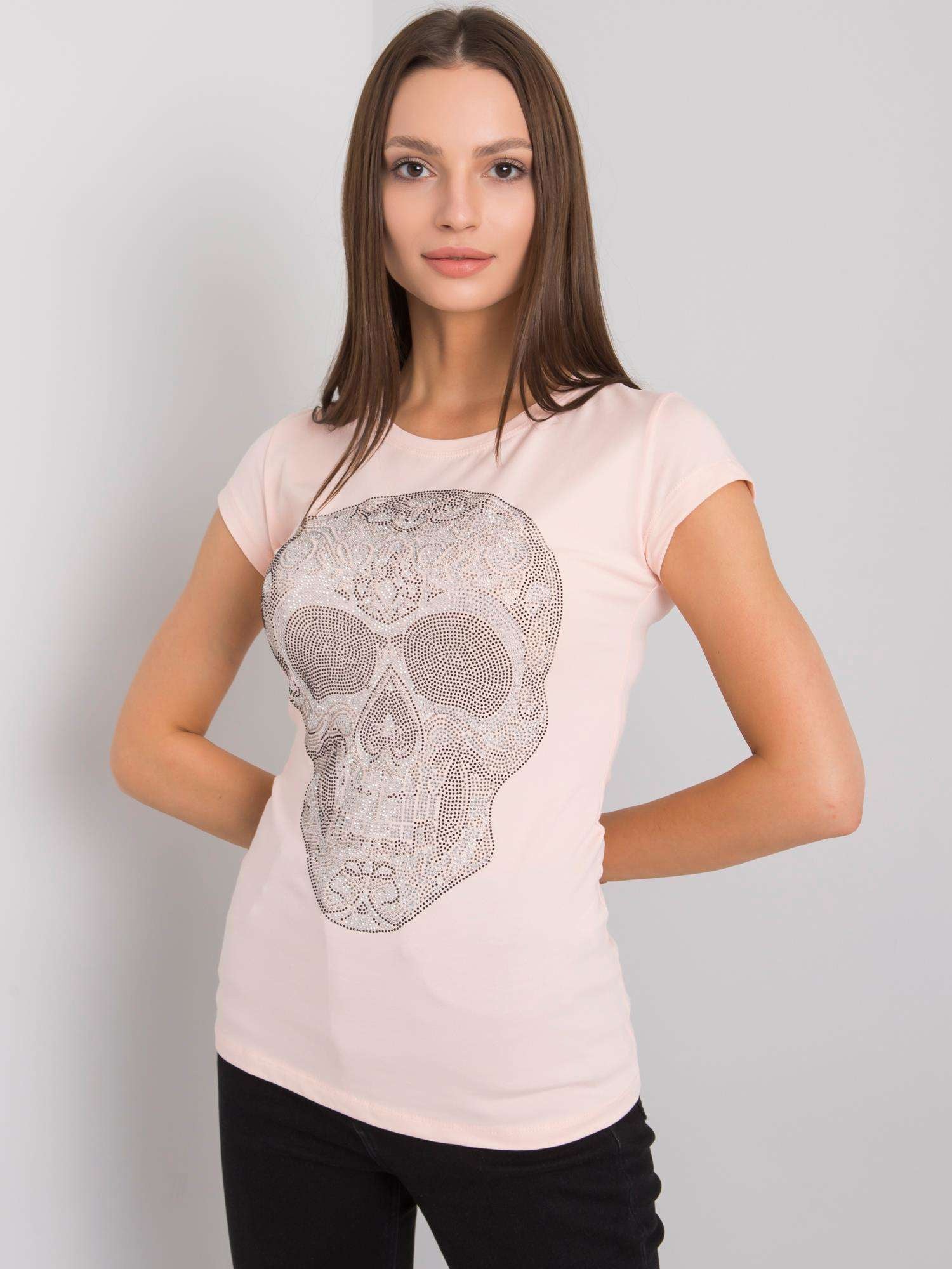 Jasnoróżowy t-shirt damski z czaszką