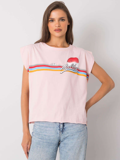 Jasnoróżowy bawełniany t-shirt damski z nadrukiem