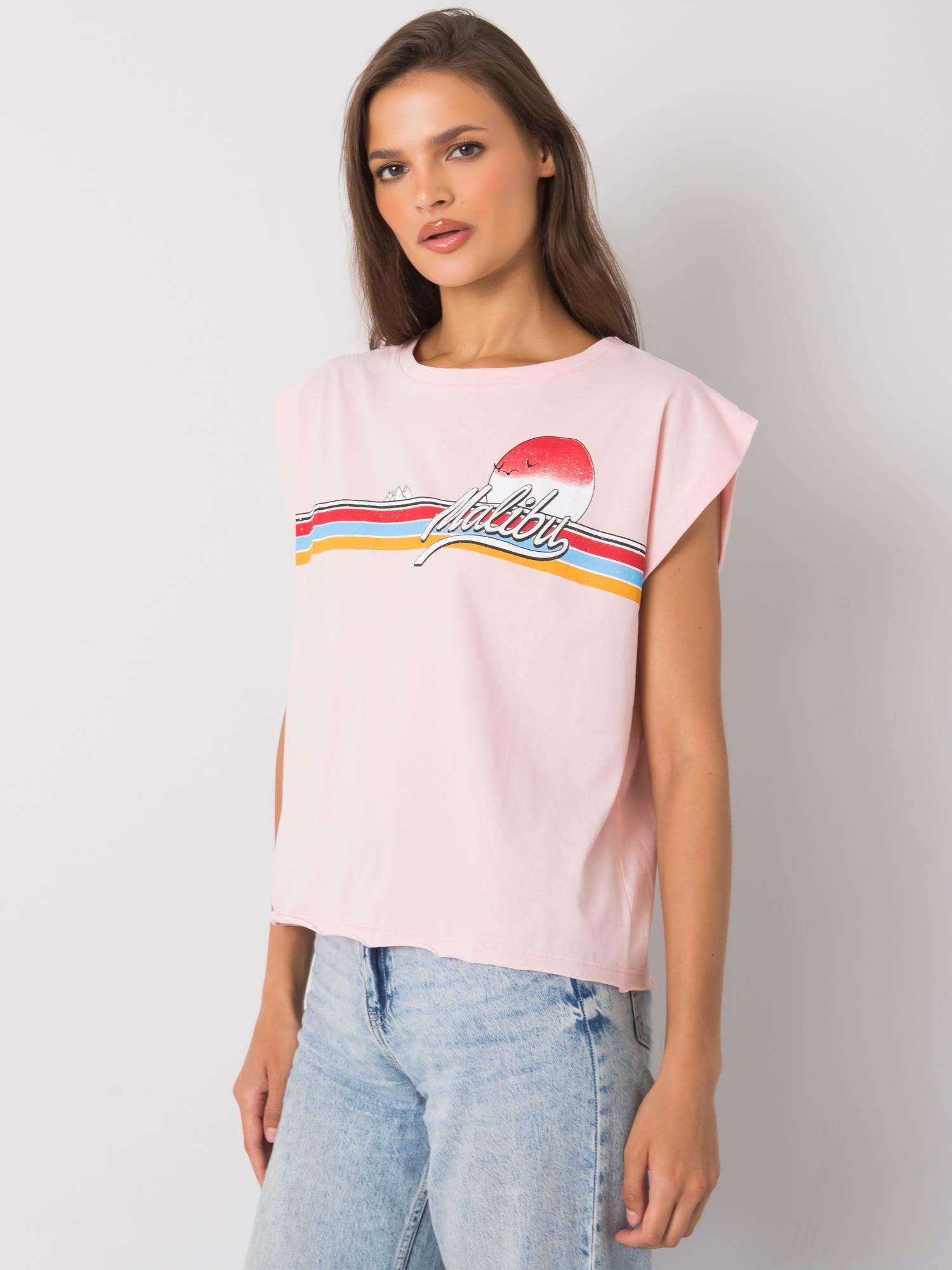 Jasnoróżowy bawełniany t-shirt damski z nadrukiem