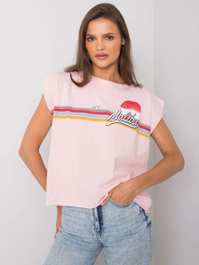 Jasnoróżowy bawełniany t-shirt damski z nadrukiem