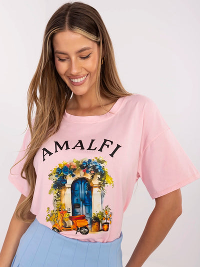 Jasnoróżowy damski t-shirt z napisem