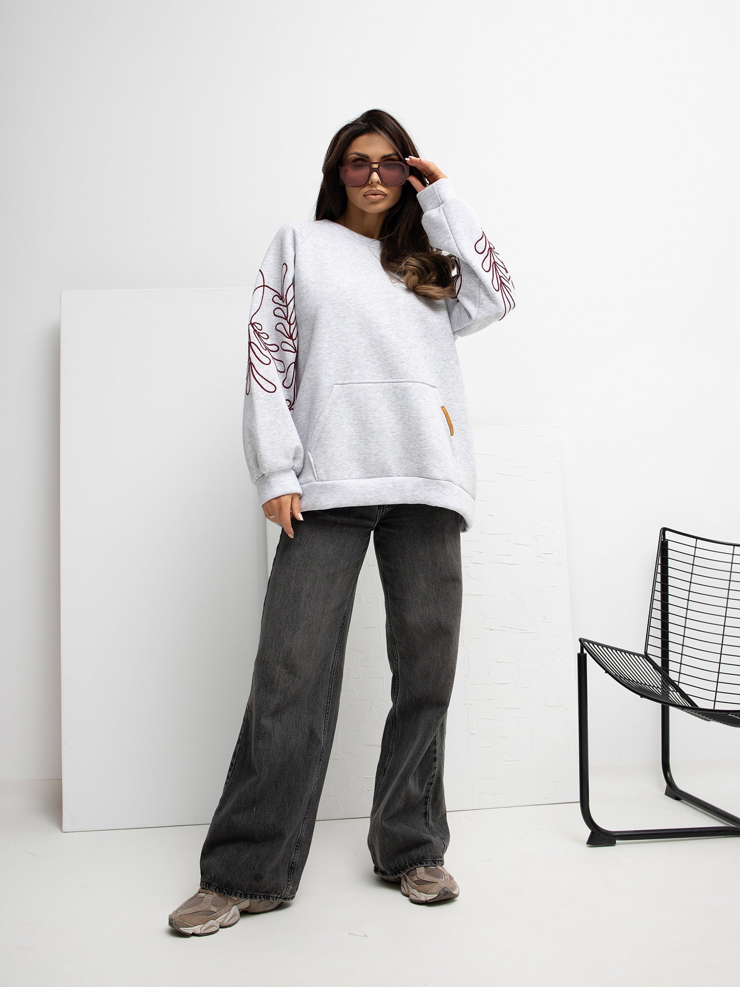 RUE PARIS Jasnoszara bluza oversize z ociepleniem