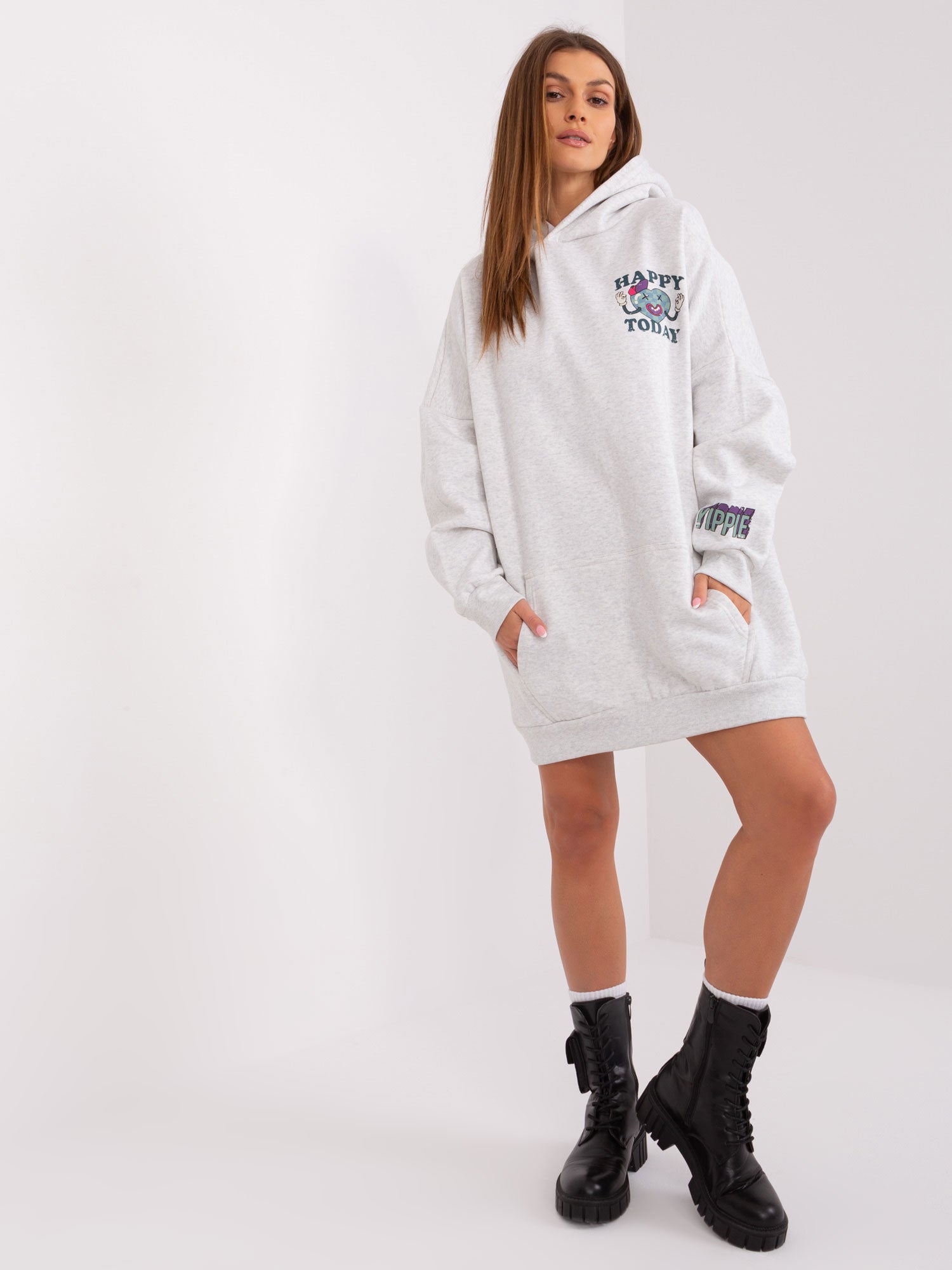 STITCH & SOUL Jasnoszara długa bluza z kapturem