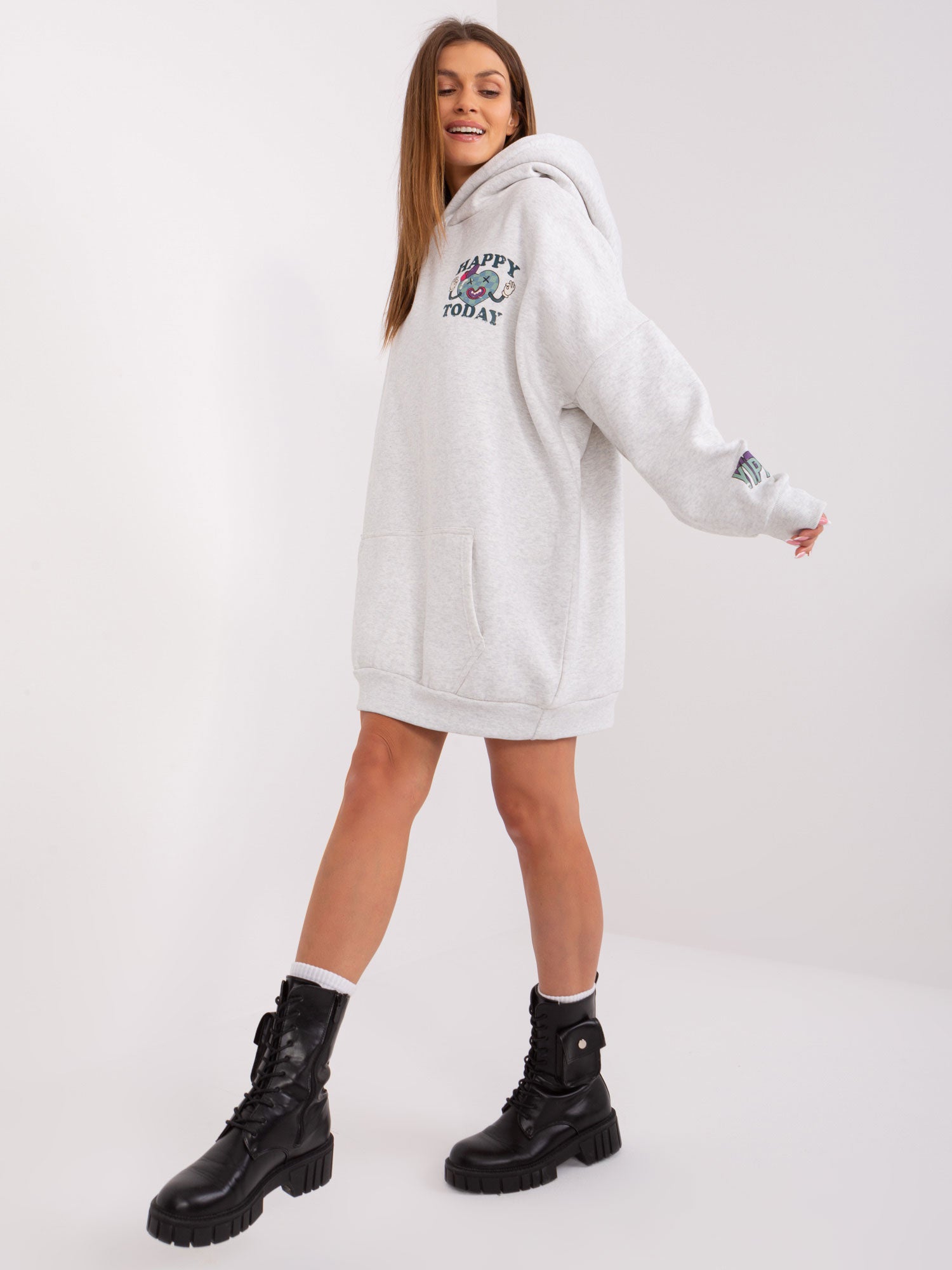 STITCH & SOUL Jasnoszara długa bluza z kapturem