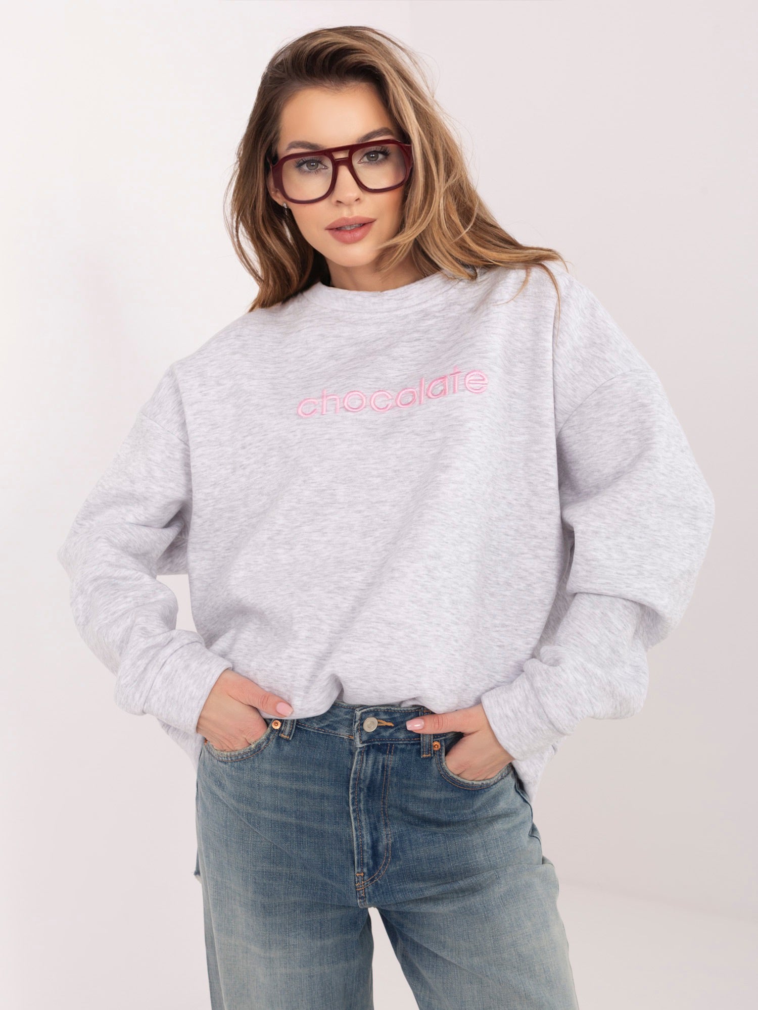 RUE PARIS  Jasnoszara melanżowa dresowa bluza oversize z haftem