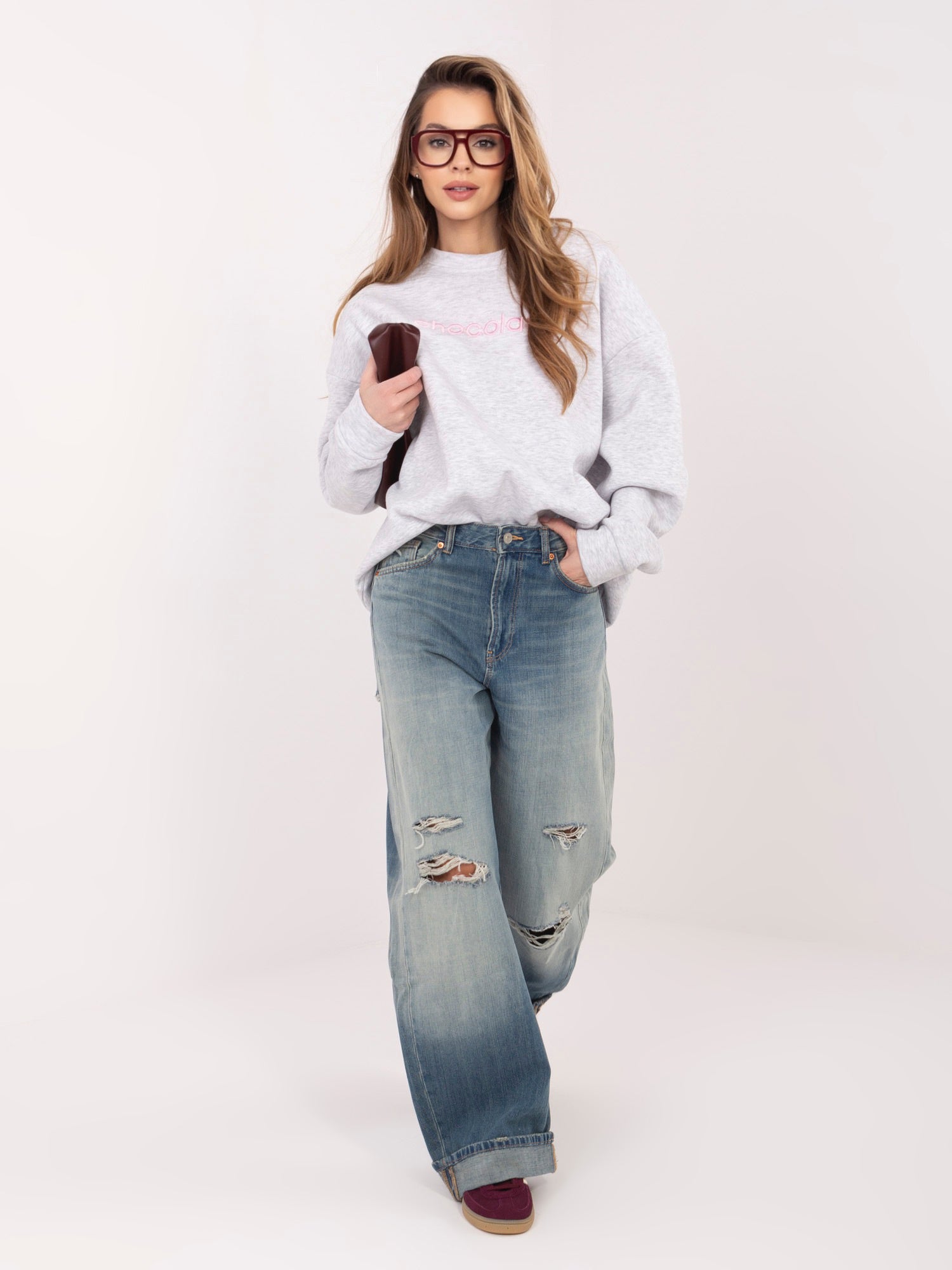 RUE PARIS  Jasnoszara melanżowa dresowa bluza oversize z haftem