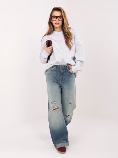 RUE PARIS  Jasnoszara melanżowa dresowa bluza oversize z haftem