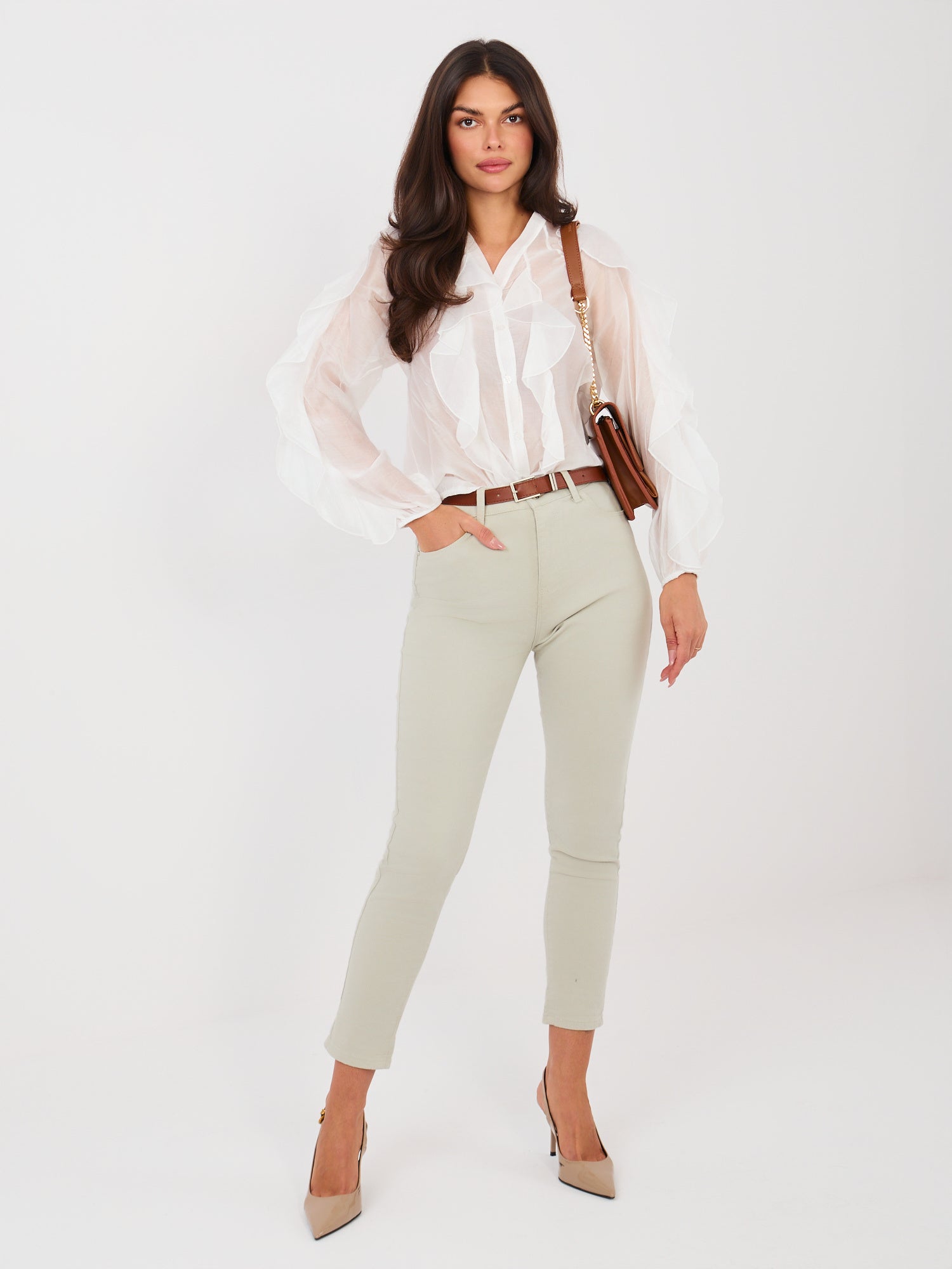 Jasnoszare damskie jeansy skinny z wysokim stanem