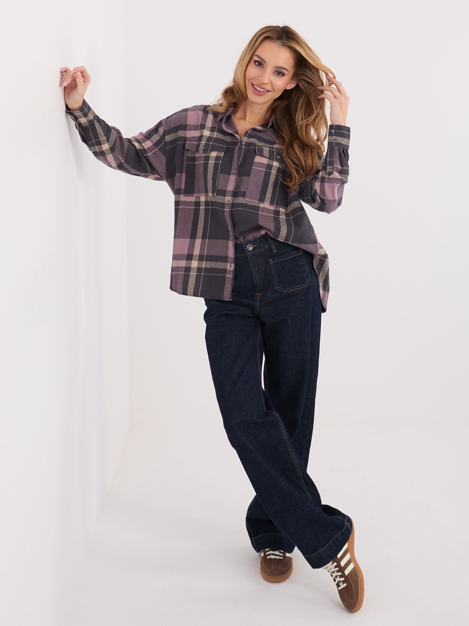 STITCH & SOUL Jasnoszaro-różowa flanelowa koszula w kratę