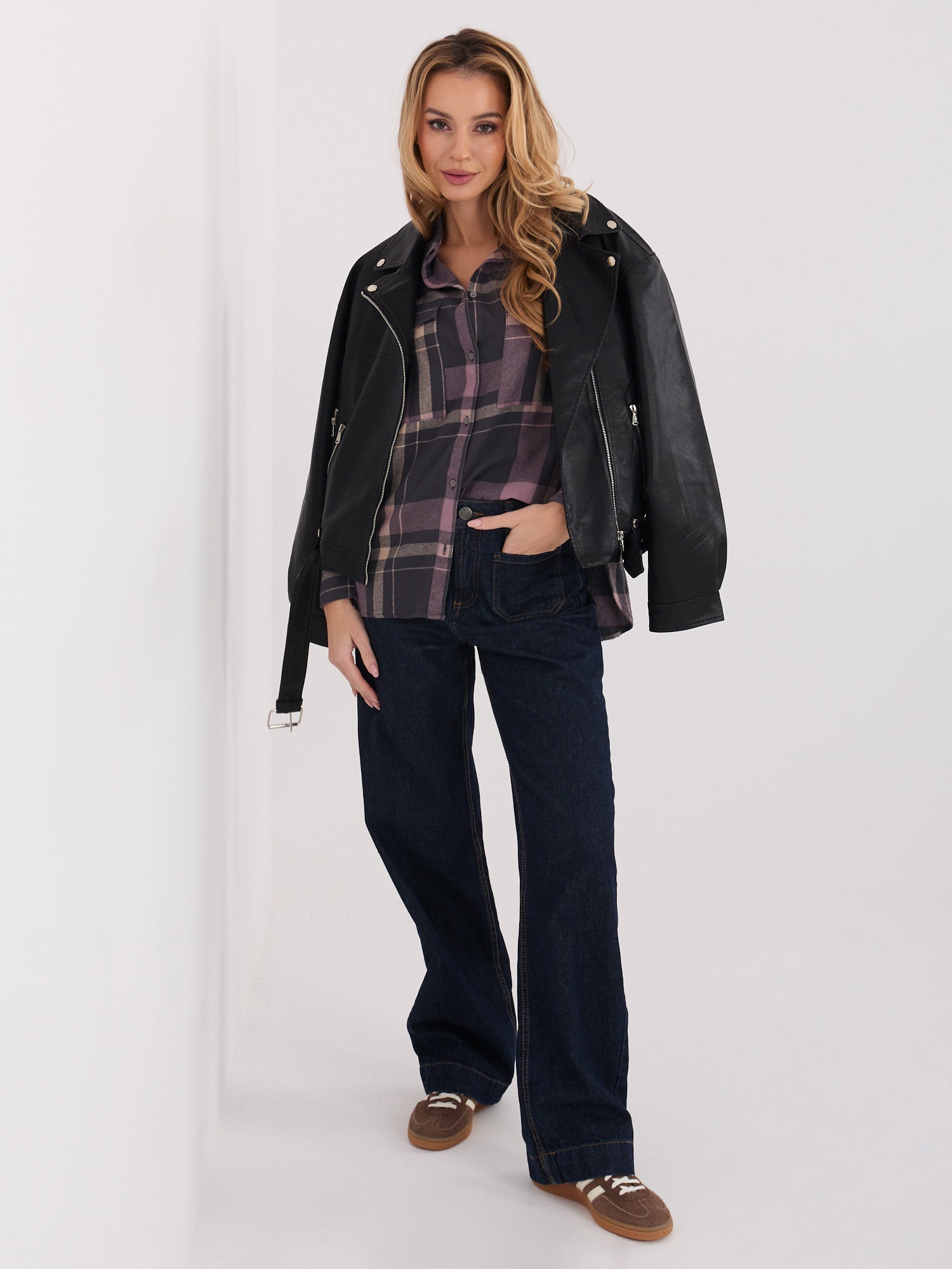 STITCH & SOUL Jasnoszaro-różowa flanelowa koszula w kratę