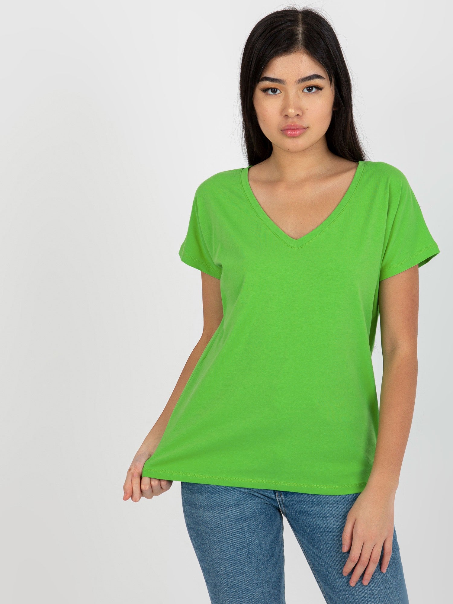 Jasnozielony klasyczny t-shirt basic z dekoltem V Emory