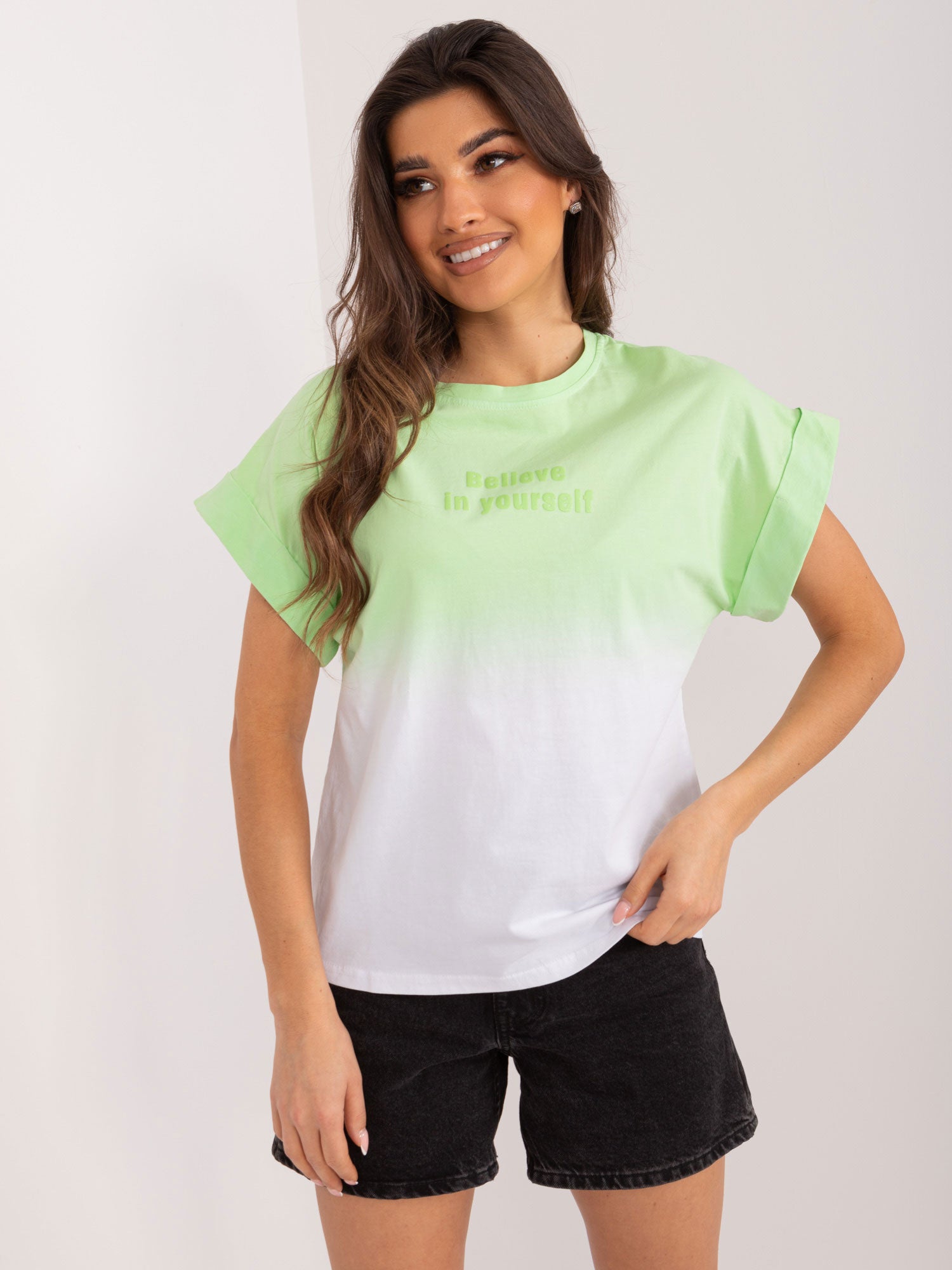 Jasnozielony bawełniany t-shirt damski ombre